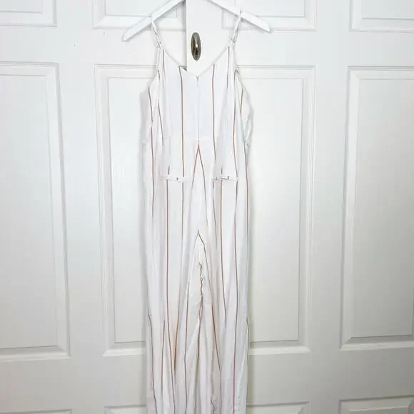 Anthropologie Essential Striped Jumpsuit Rayon Linen Lined Sz 8 - Picture 5 of 13